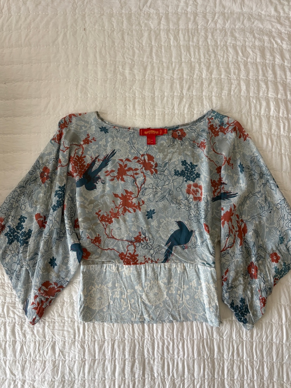 Shanghai Tang Light Blue Floral & Bird Flutter-Sleeve Blouse